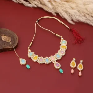 Multi-Colour Kundan Stones AD Choker Necklace Earring & Maangtika